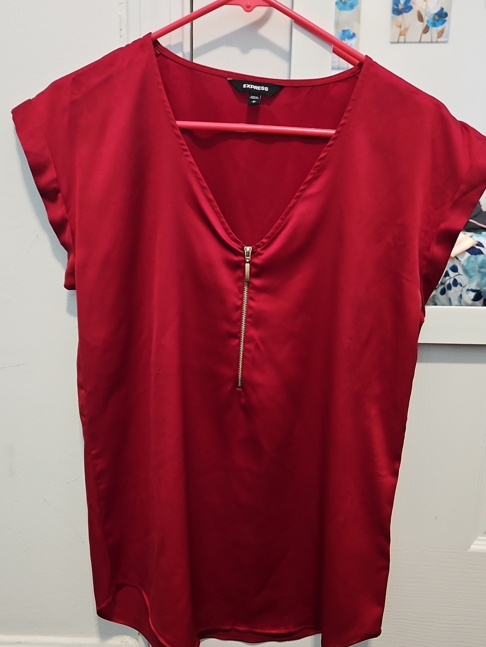 Express Red V-Neck Zip Front Blouse